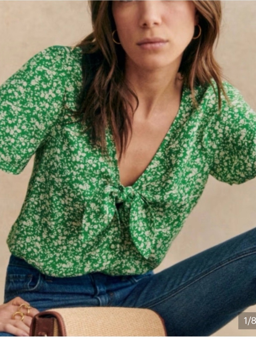 Sezane Eloise Green Floral Tie-Front Blouse